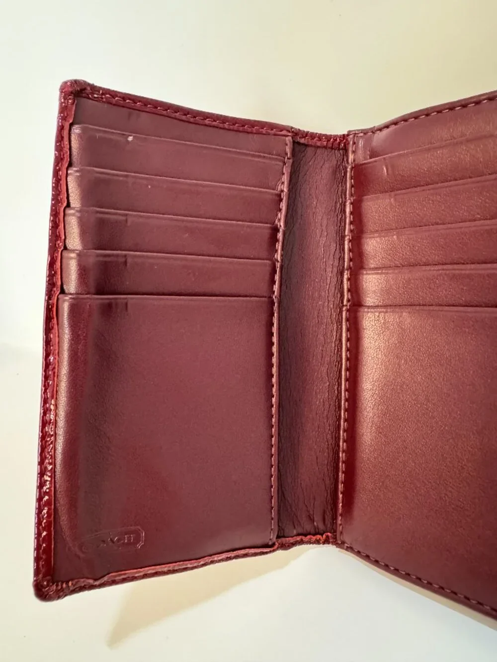 Coach Signature Burgundy Jacquard Buckle Wallet Patent Leather